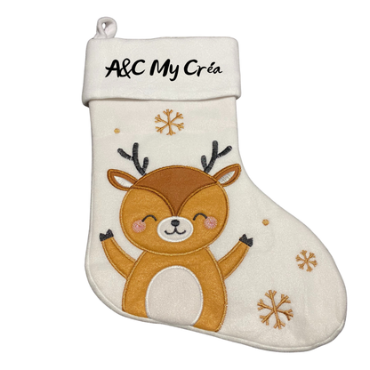 Chaussette de Noël blanche avec Renne Marron – Personnalisable avec prénom