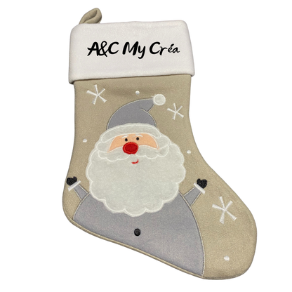 Chaussette de Noël grise avec Père Noël – Personnalisable avec prénom