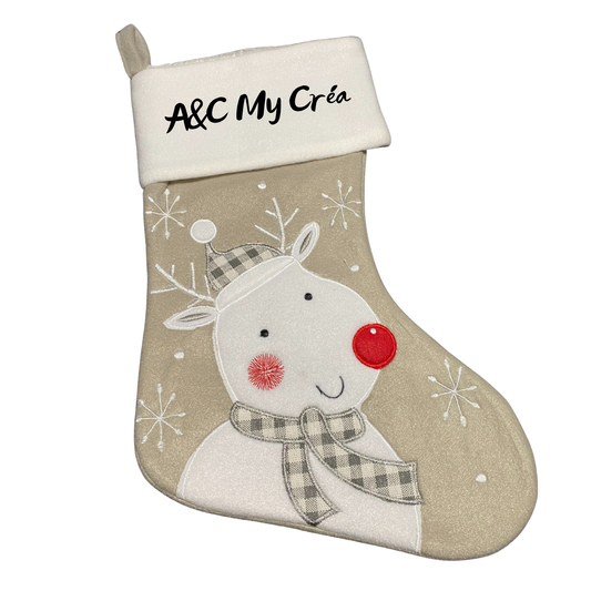 Chaussette de Noël grise avec Renne Blanc – Personnalisable avec prénom