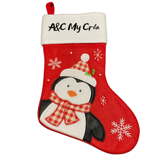 Chaussette de Noël Rouge avec Pingouin – Personnalisable avec prénom