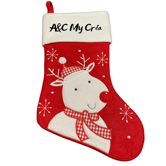Chaussette de Noël Rouge avec Renne Blanc – Personnalisable avec prénom