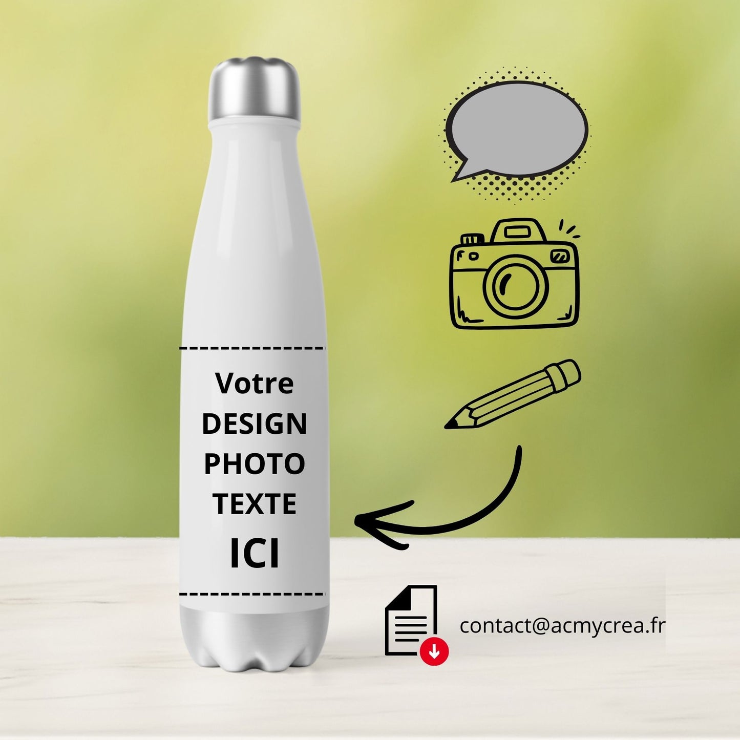 Bouteille - Gourde isotherme en inox - Personnalisable avec votre photo - texte - design