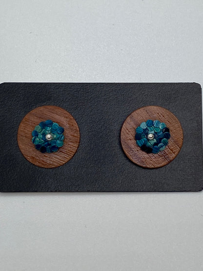 Colombian straw marquetry flower and Granadillo wood blue colored button earrings with silver stud