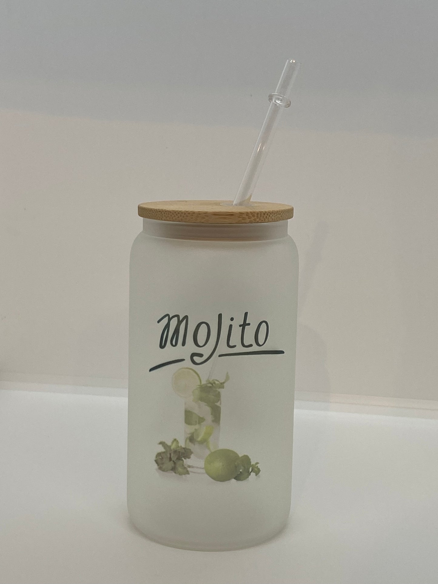 Verre canette “Mojito” 470 ml avec couvercle bambou et paille