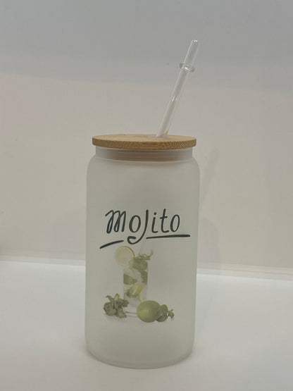 Verre canette “Mojito” 470 ml avec couvercle bambou et paille