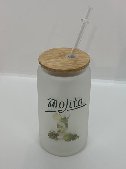 Verre canette “Mojito” 470 ml avec couvercle bambou et paille