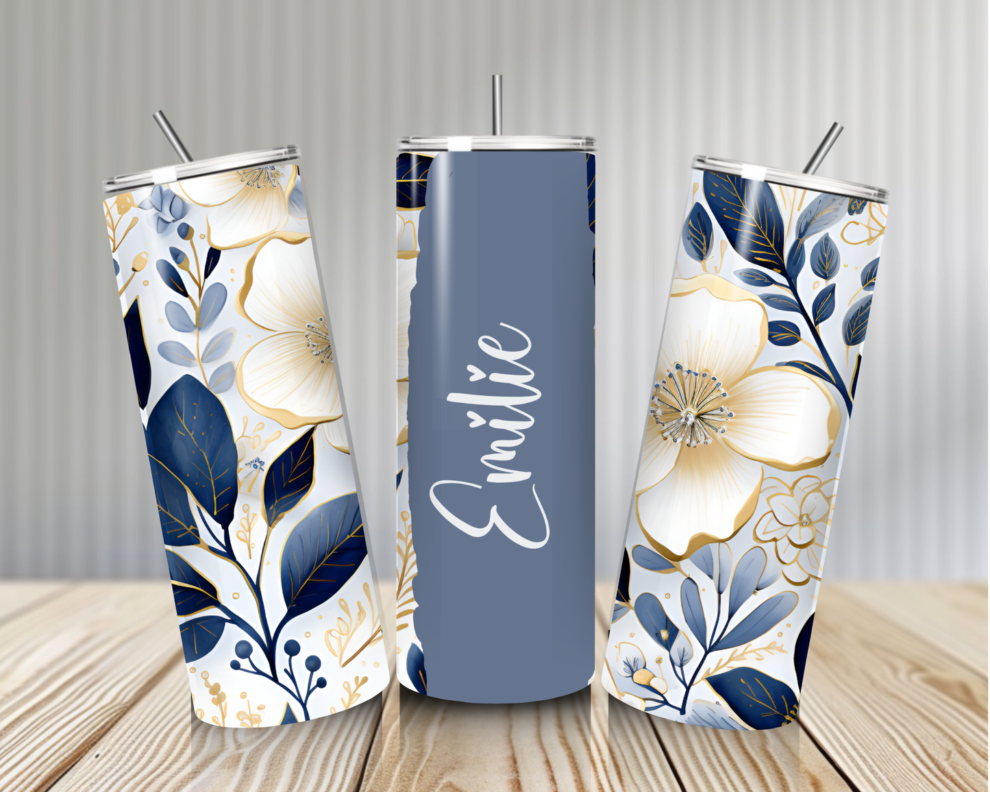 Gourde Tumbler isotherme -  Élégance Florale Bleu Nuit & Doré