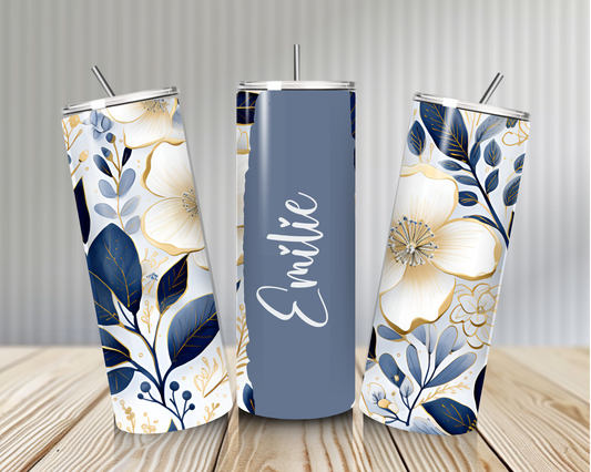 Gourde Tumbler isotherme -  Élégance Florale Bleu Nuit & Doré