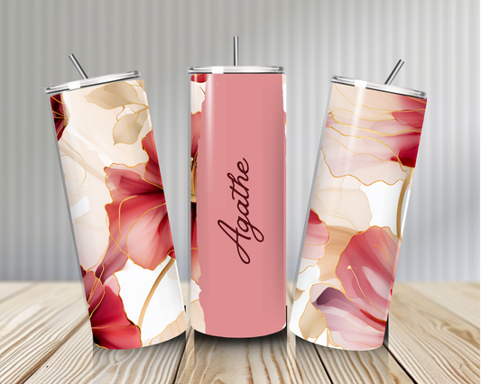 Gourde Tumbler isotherme - Fleurs Rose Poudré & Rouge Framboise aux Accents Dorés