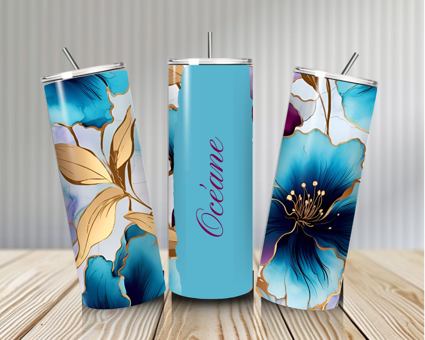Gourde Tumbler isotherme - Fleurs Bleu Turquoise & Doré