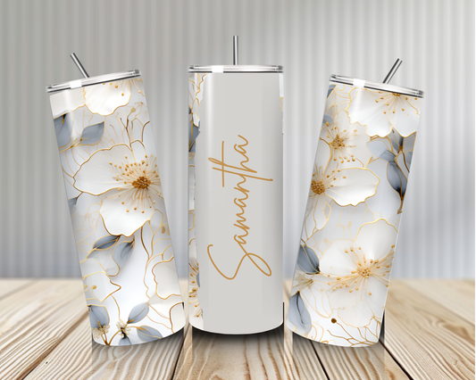 Gourde Tumbler isotherme - Fleurs Blanches & Doré