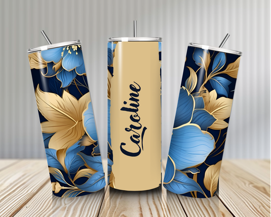 Gourde Tumbler isotherme - Fleurs Bleu Nuit & Doré