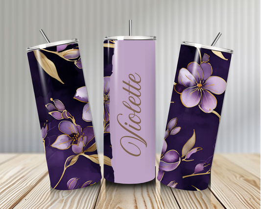 Gourde Tumbler isotherme -   Fleurs Lilas Doré sur Fond Violet Profond