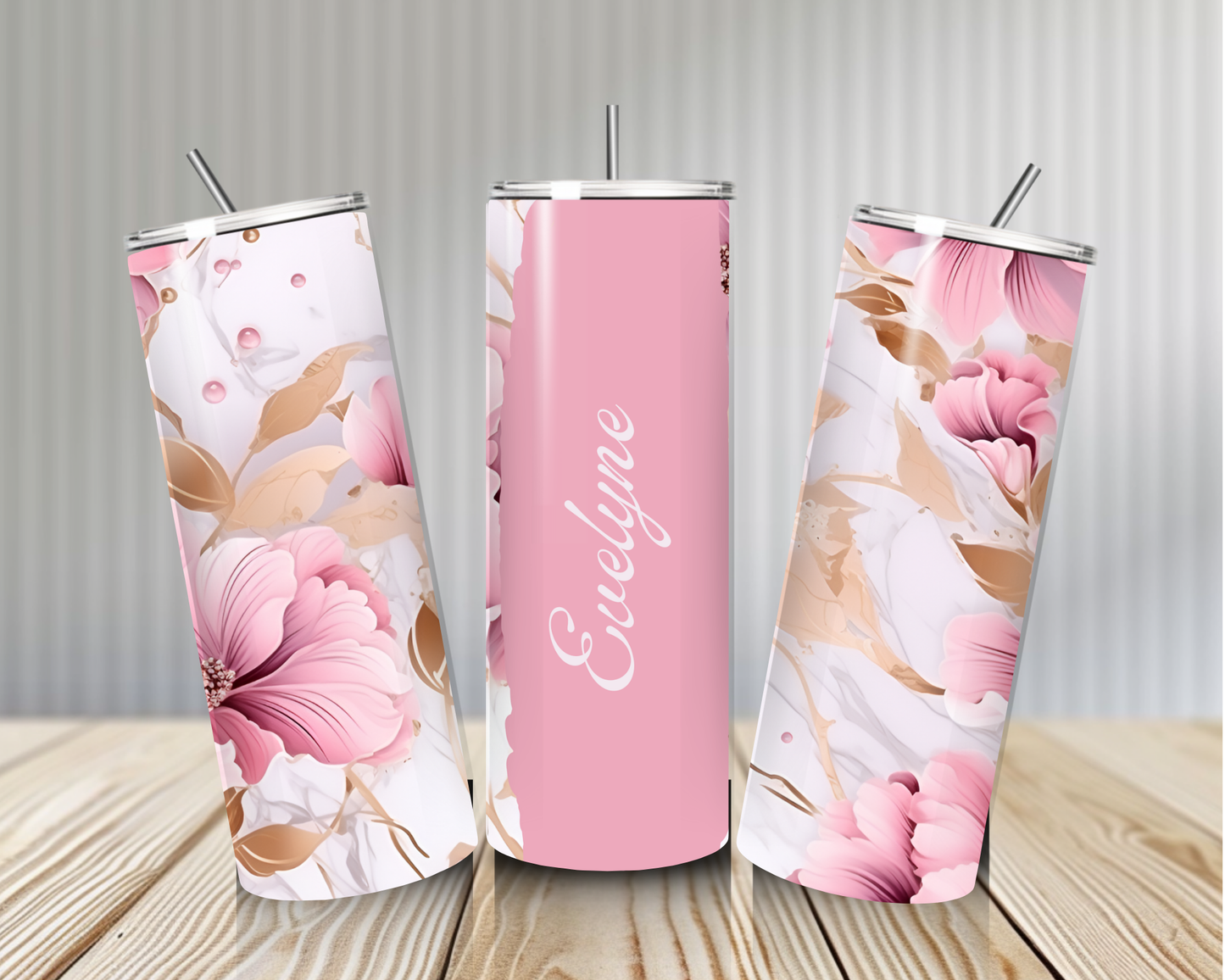 Gourde Tumbler isotherme -  Fleurs Rose Poudré Doré Doux