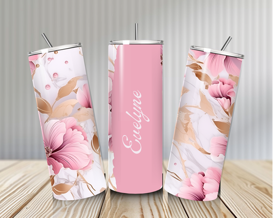 Gourde Tumbler isotherme -  Fleurs Rose Poudré Doré Doux