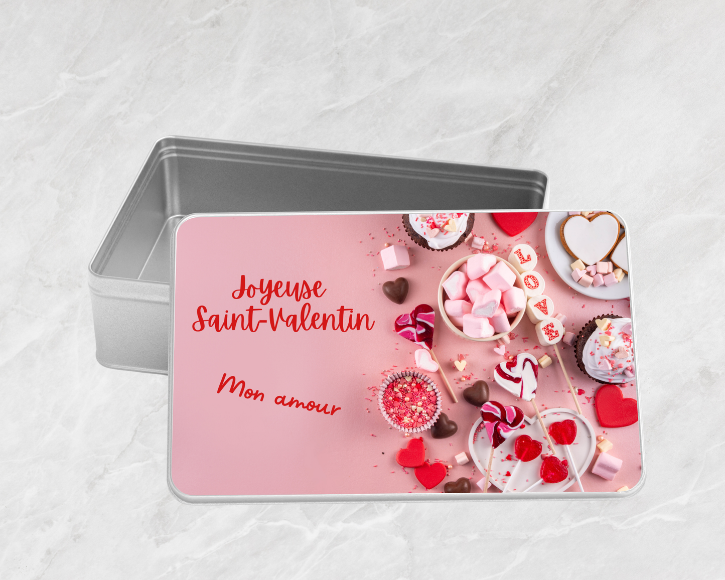 Boîte à biscuits rectangulaire en métal - Joyeuse Saint-Valentin Mon amour avec friandises