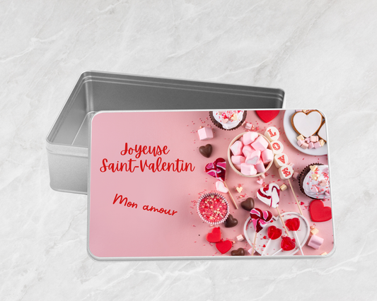 Boîte à biscuits rectangulaire en métal - Joyeuse Saint-Valentin Mon amour avec friandises