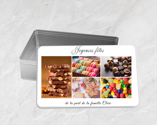 Boîte à biscuits rectangulaire en métal - personnalisable avec vos photos, designs, prénom, texte