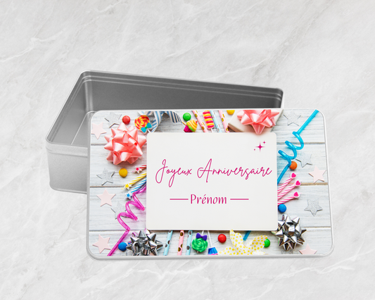 Boîte à biscuits rectangulaire en métal - « Joyeux Anniversaire » avec prénom personnalisable