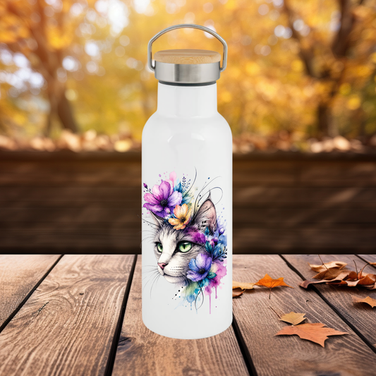Bouteille - Gourde isotherme 750 ml - bouchon bambou Chat Fleuri – Élégance Féline & Fleurs Aquarelle