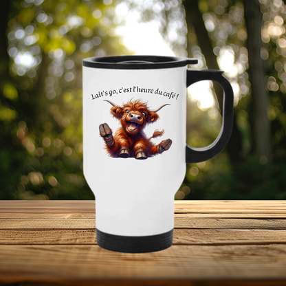 Mug thermos - isotherme Aluminium 450 ml "Vache - Lait's go, c'est l'heure du café !"