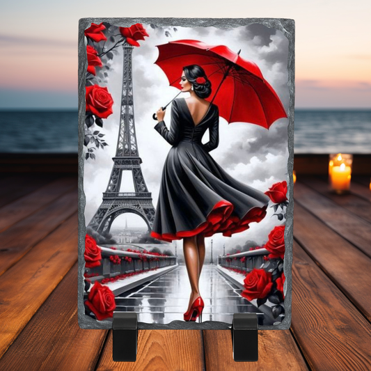 Ardoise Décorative Femme Parisienne 30x20 cm – Déco Chic Tour Eiffel Parapluie Rouge (Design A&C My Créa)
