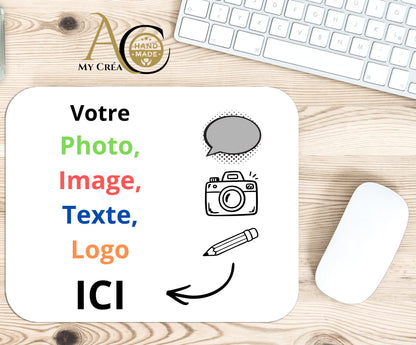 Cette image représente un tapis de souris à personnaliser avec photo, image, logo ou texte