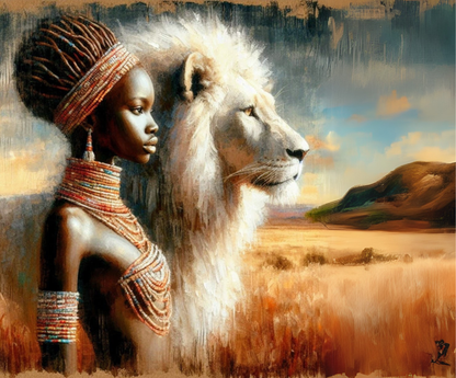 Tapis de souris – Femme Africaine et Lion Blanc 🦁 - Harmonie et Force Intérieure
