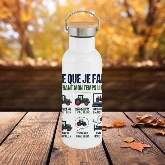 Bouteille - Gourde isotherme 750 ml - bouchon bambou - Tracteur – Bouteille Inox Humour Agriculteur
