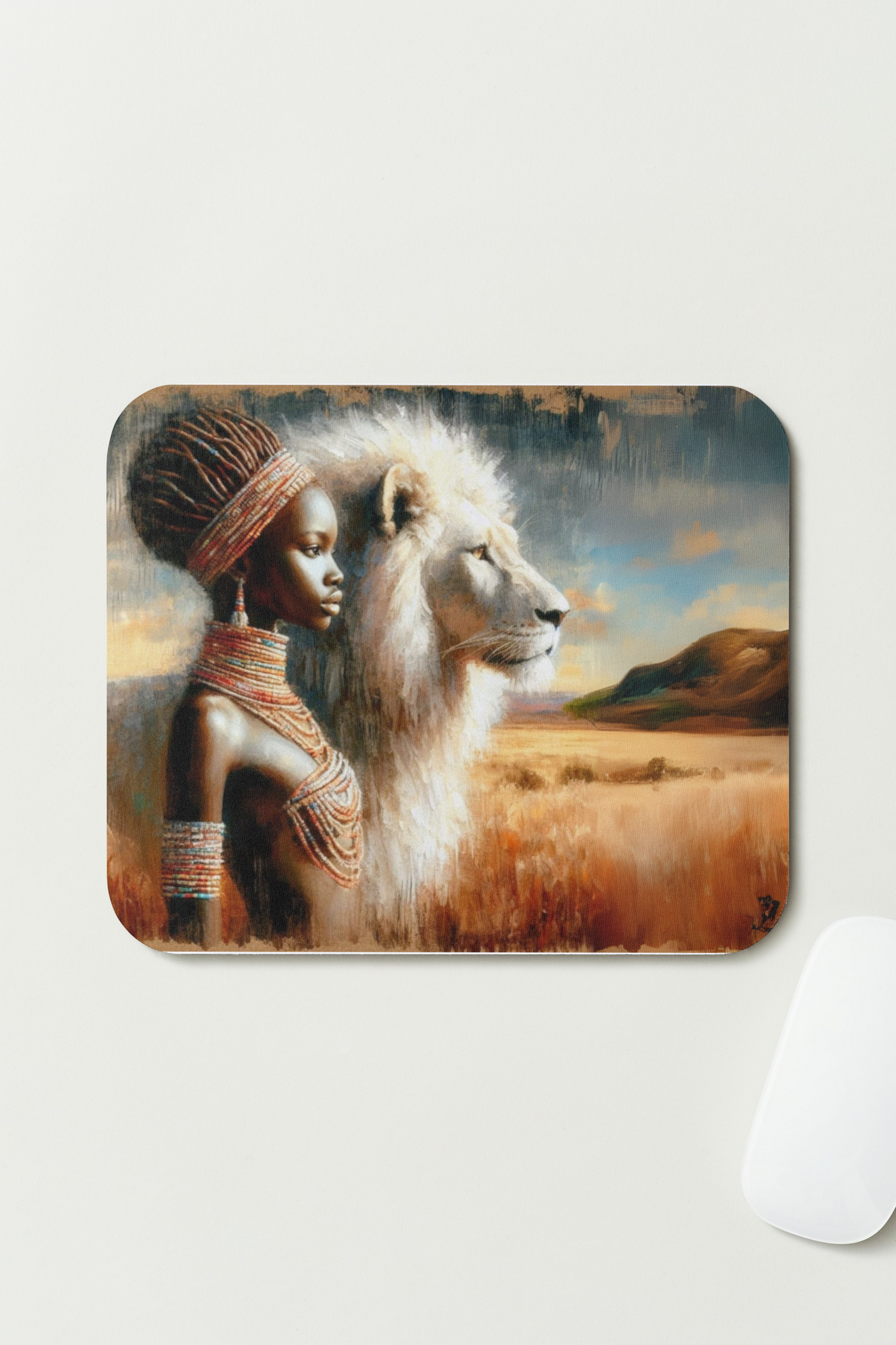 Tapis de souris – Femme Africaine et Lion Blanc 🦁 - Harmonie et Force Intérieure