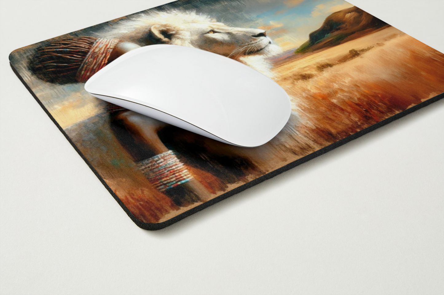 Tapis de souris – Femme Africaine et Lion Blanc 🦁 - Harmonie et Force Intérieure