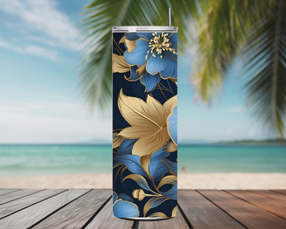 Gourde Tumbler isotherme - Fleurs Bleu Nuit & Doré