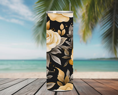 Gourde Tumbler isotherme -  Roses Ivoire & Doré sur Fond Noir
