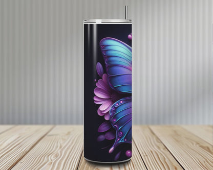 Gourde Tumbler isotherme - Papillon Bleu Violet avec fleurs