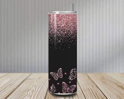 Gourde Tumbler isotherme - Papillons Rose & Noir Pailletés
