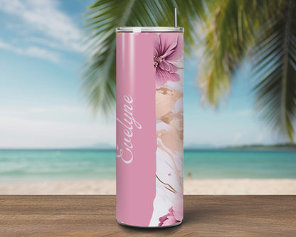 Gourde Tumbler isotherme -  Fleurs Rose Poudré Doré Doux