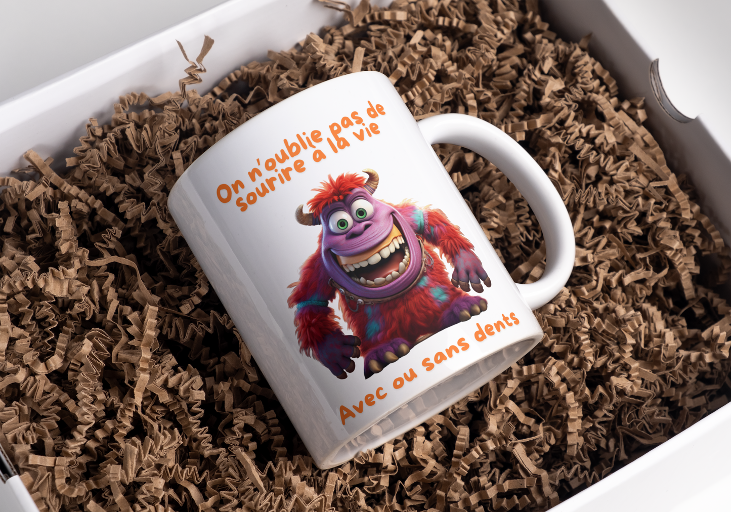 Mug humour "On n'oublie pas de sourire à la vie, avec ou sans dents"